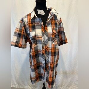 Casual Orange and Black Plaid Button Down Shirt